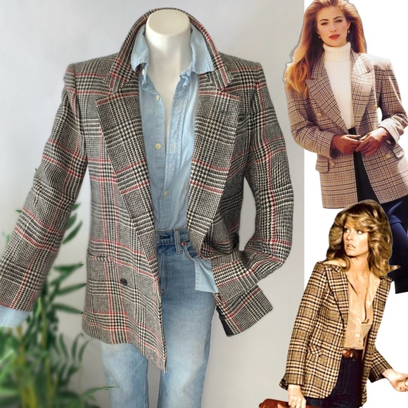 Vintage Jackets & Blazers - c l a s s i c :: Vintage Wool Houndstooth Blazer Double Breasted Plaid